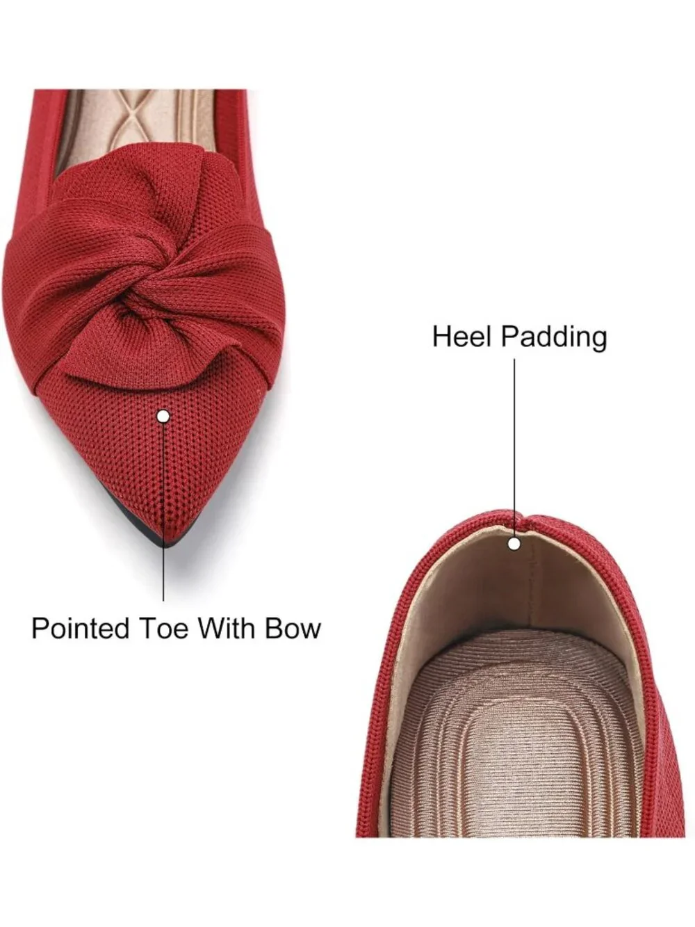 Women's Red Pointed Toe Ballet Flats with Bow Comfortable Knit Dressy Shoes